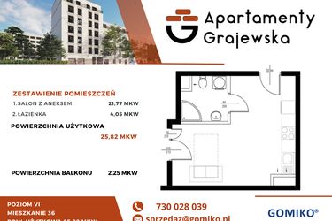 Rzut - Mieszkanie na sprzedaż 1 pokój o powierzchni 25,82 m² - numer 36 w Apartamenty Grajewska