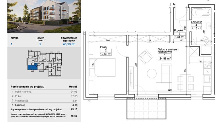 Rzut - Mieszkanie na sprzedaż 2 pokoje o powierzchni 45,35 m² - numer 2 w Balantia