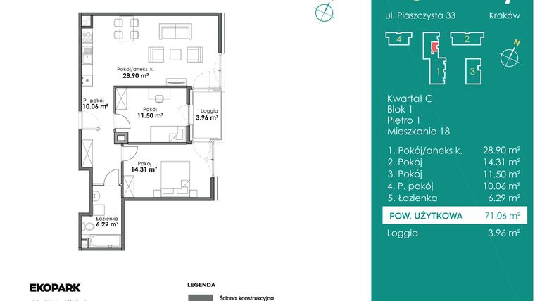 Rzut - Mieszkanie na sprzedaż 3 pokoje o powierzchni 71,06 m² - numer C1-18 w Slow City