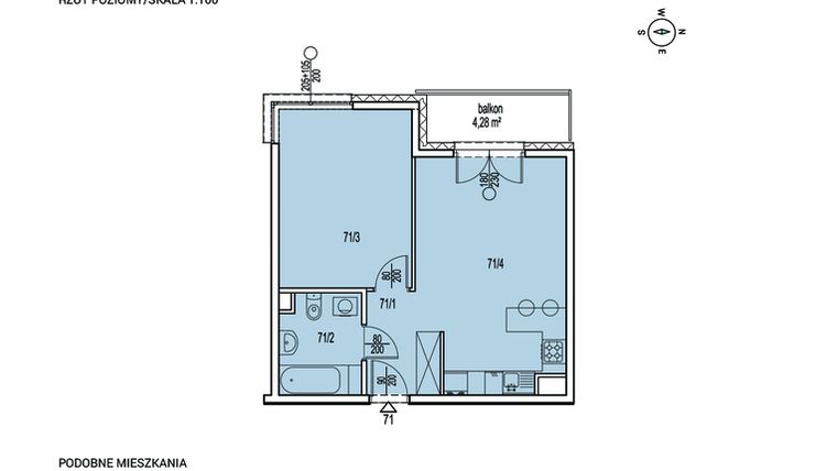 Rzut - Mieszkanie na sprzedaż 2 pokoje o powierzchni 44,69 m² - numer M71 w Krowodrza Fort