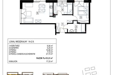 Rzut - Mieszkanie na sprzedaż 3 pokoje o powierzchni 53,23 m² - numer 1A-2.9 w Gardenia Pogodno