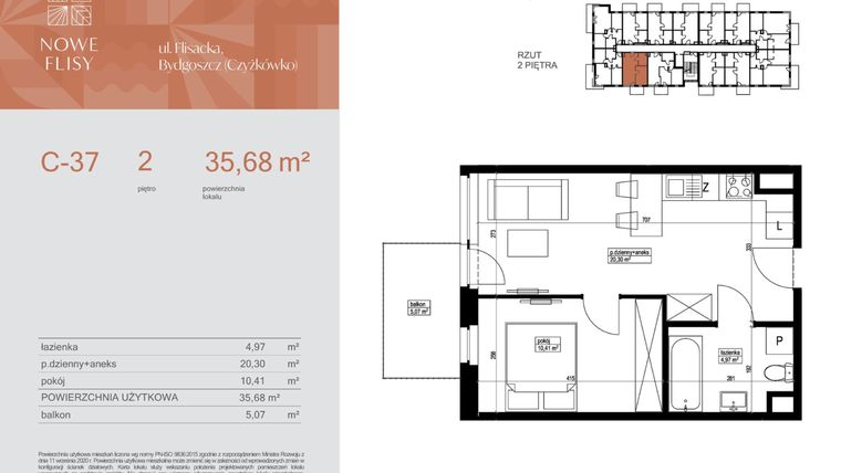Rzut - Mieszkanie na sprzedaż 2 pokoje o powierzchni 35,68 m² - numer M37_NF.c w Nowe Flisy II