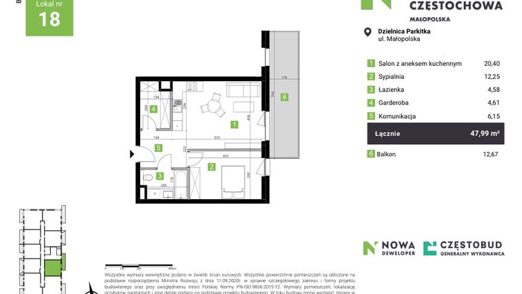 Rzut - Mieszkanie na sprzedaż 2 pokoje o powierzchni 47,99 m² - numer C18 w Nowa Częstochowa Małopolska