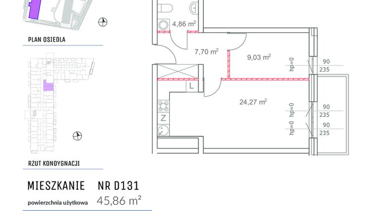 Rzut - Mieszkanie na sprzedaż 2 pokoje o powierzchni 45,86 m² - numer D131 w Osiedle Impresja 2