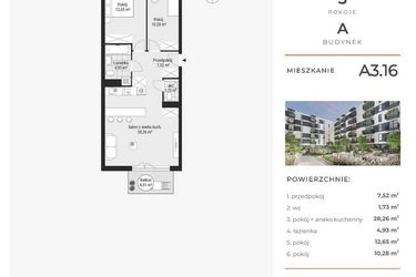 Rzut - Mieszkanie na sprzedaż 3 pokoje o powierzchni 65,49 m² - numer A3.16 w Enklawa Bukowa