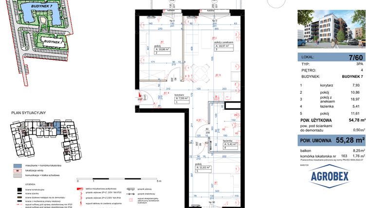 Rzut - Mieszkanie na sprzedaż 3 pokoje o powierzchni 55,28 m² - numer 7/60 w Nove Garby