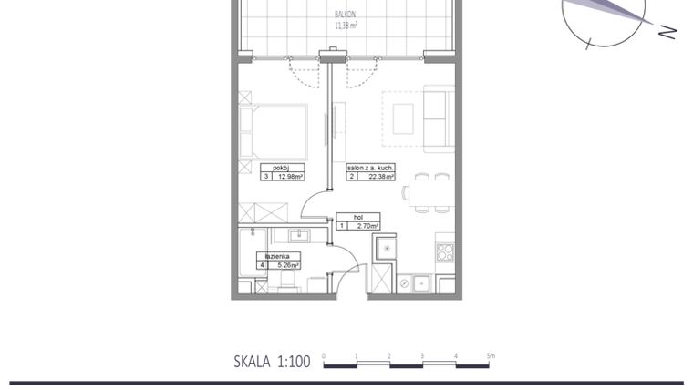 Rzut - Mieszkanie na sprzedaż 2 pokoje o powierzchni 43,32 m² - numer E15 w Apartamenty na Klifie bud. D, E i F