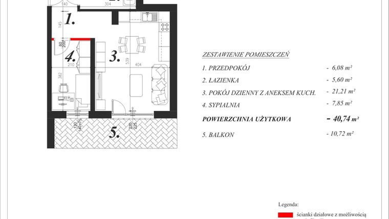 Rzut - Mieszkanie na sprzedaż 2 pokoje o powierzchni 40,74 m² - numer 12 w Enklawa Milanówek