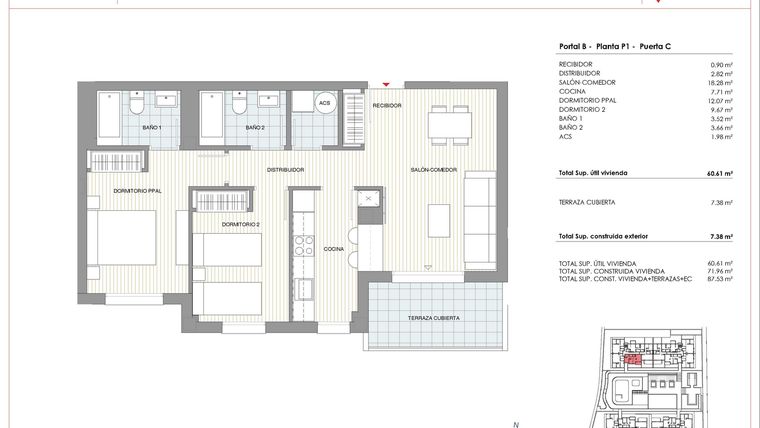 Rzut - Mieszkanie na sprzedaż 2 pokoje o powierzchni 71,96 m² - numer 1-C w Mieszkania w Denii - 47388119