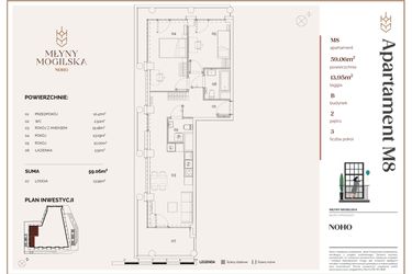 Rzut - Mieszkanie na sprzedaż 3 pokoje o powierzchni 59,06 m² - numer B.8 w Młyny Mogilska