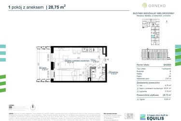 Rzut - Mieszkanie na sprzedaż 1 pokój o powierzchni 28,75 m² - numer BA0005 w Orneko