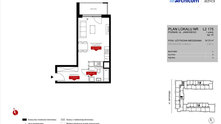 Rzut - Mieszkanie na sprzedaż 1 pokój o powierzchni 34,33 m² - numer L2.175 w Wieża Jeżyce etap VI