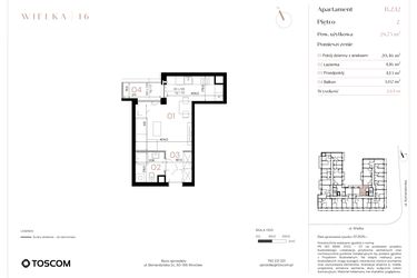 Rzut - Mieszkanie na sprzedaż 1 pokój o powierzchni 28,75 m² - numer B/2/12 w Wielka 16