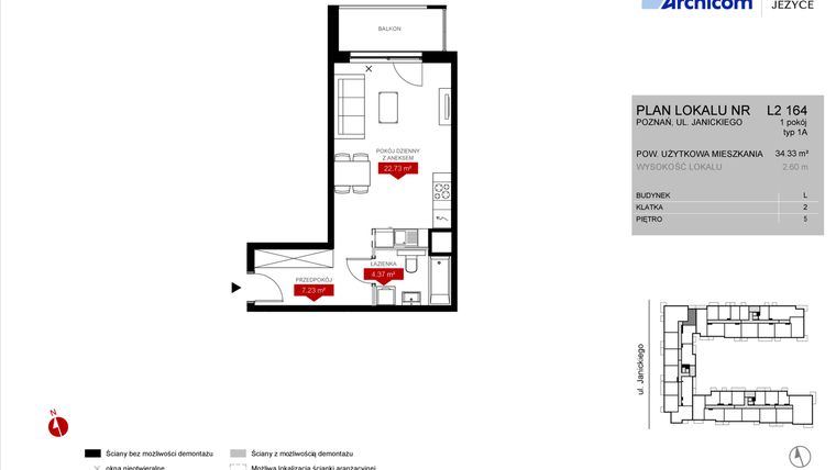 Rzut - Mieszkanie na sprzedaż 1 pokój o powierzchni 34,33 m² - numer L2.164 w Wieża Jeżyce etap VI
