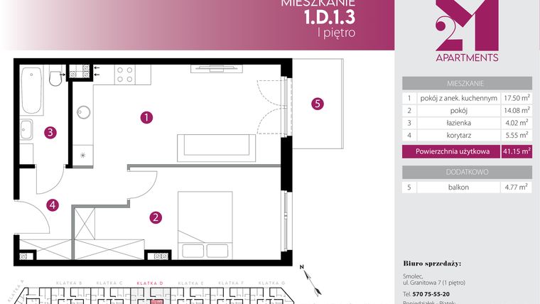 Rzut - Mieszkanie na sprzedaż 2 pokoje o powierzchni 41,15 m² - numer 1.D.1.3 w Maślice Wrocław Milo Dobry Deweloper etap IV