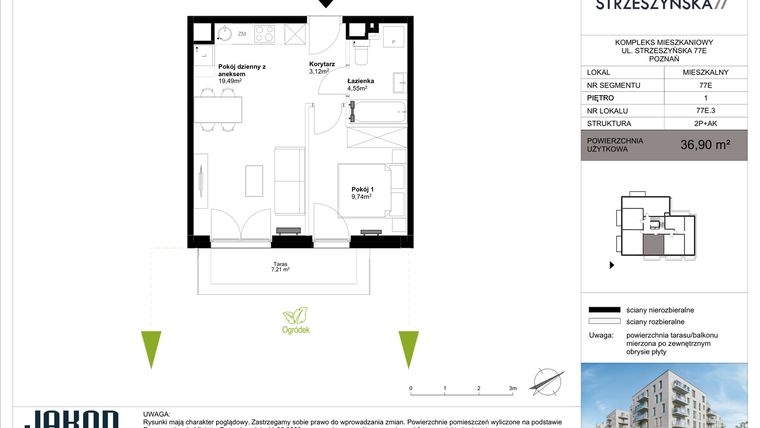 Rzut - Mieszkanie na sprzedaż 2 pokoje o powierzchni 36,9 m² - numer 77E.3 w Strzeszyńska 77