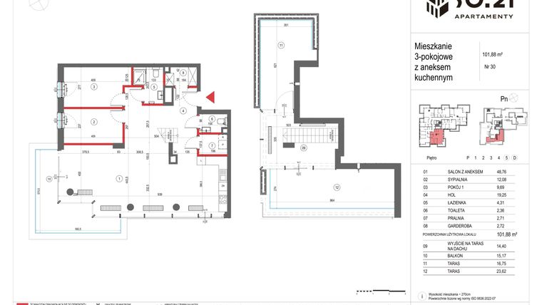 Rzut - Mieszkanie na sprzedaż 3 pokoje o powierzchni 101,88 m² - numer 30 w SO.21
