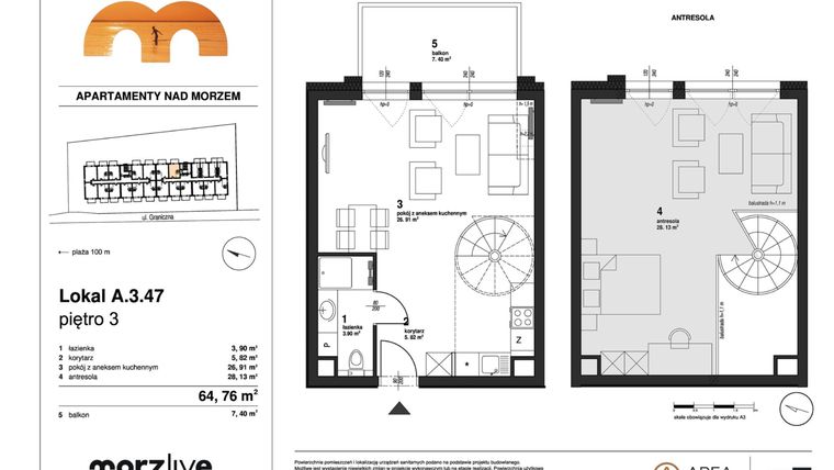 Rzut - Mieszkanie na sprzedaż 4 pokoje o powierzchni 64,76 m² - numer A.3.47 w Morzlive