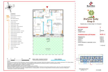 Rzut - Mieszkanie na sprzedaż 3 pokoje o powierzchni 50,55 m² - numer 2 w Zielone Sady etap III B2