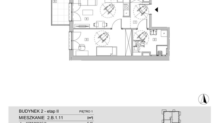 Rzut - Mieszkanie na sprzedaż 2 pokoje o powierzchni 46,16 m² - numer 2.B.1.11 w ATAL Apollina II