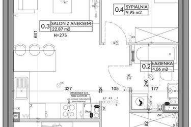 Rzut - Mieszkanie na sprzedaż 3 pokoje o powierzchni 57,39 m² - numer 65A w Osiedle Młodych etap X