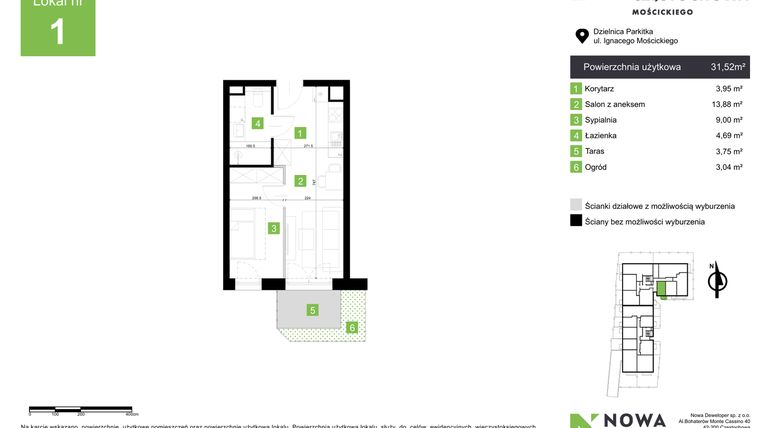 Rzut - Mieszkanie na sprzedaż 2 pokoje o powierzchni 31,52 m² - numer M1 w Nowa Częstochowa Mościckiego