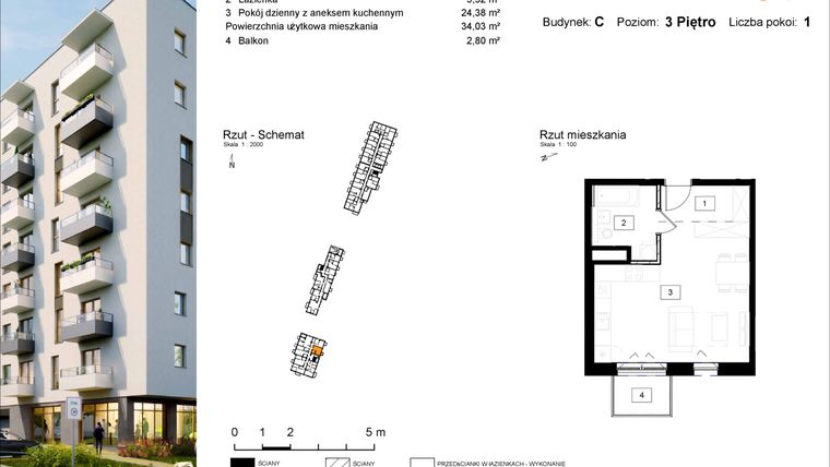 Rzut - Mieszkanie na sprzedaż 1 pokój o powierzchni 34,03 m² - numer C.31 w Osiedle Kochanowskiego - Gliwice