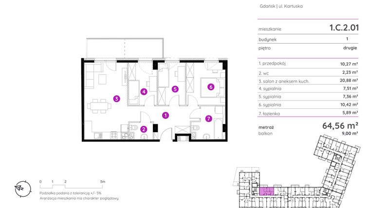 Rzut - Mieszkanie na sprzedaż 4 pokoje o powierzchni 64,56 m² - numer 1.C.2.01 w Murapol Scarpa