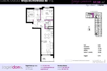 Rzut - Mieszkanie na sprzedaż 3 pokoje o powierzchni 57,58 m² - numer 116 w Wojciechowska Square