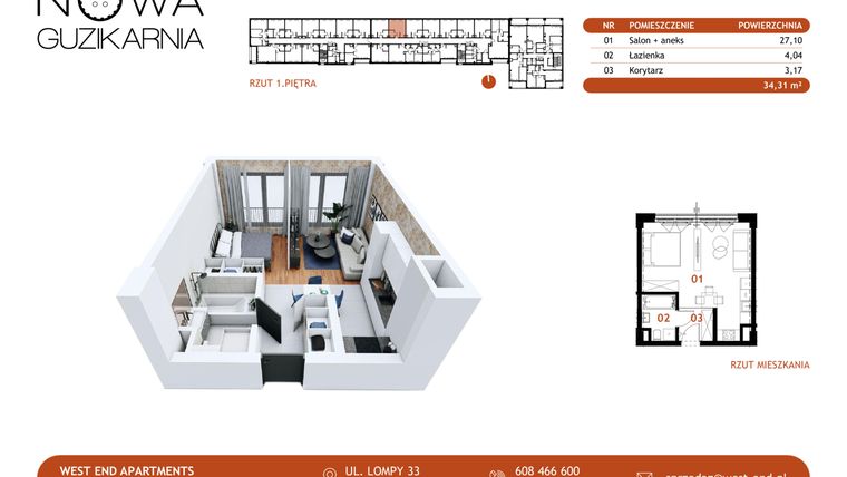 Rzut - Mieszkanie na sprzedaż 1 pokój o powierzchni 34,63 m² - numer B1.1.58 w Nowa Guzikarnia