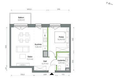 Rzut - Mieszkanie na sprzedaż 2 pokoje o powierzchni 45,42 m² - numer 1/A/2/91 w Oliwska Vita