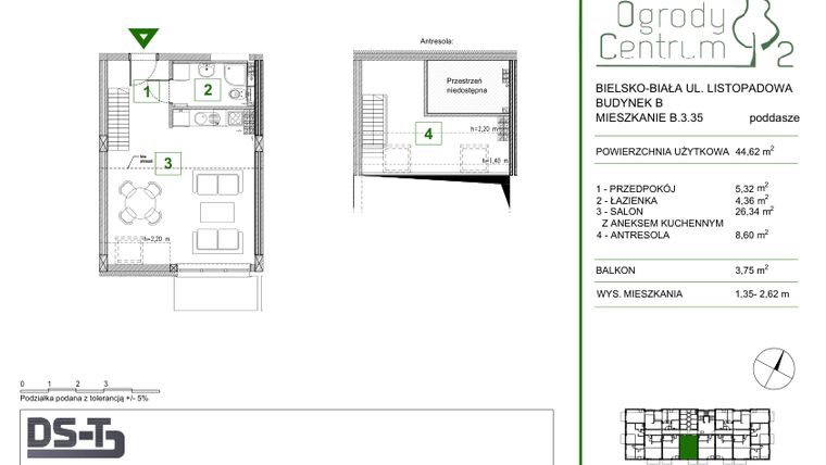 Rzut - Mieszkanie na sprzedaż 1 pokój o powierzchni 44,62 m² - numer B.3.35 w Ogrody Centrum 2