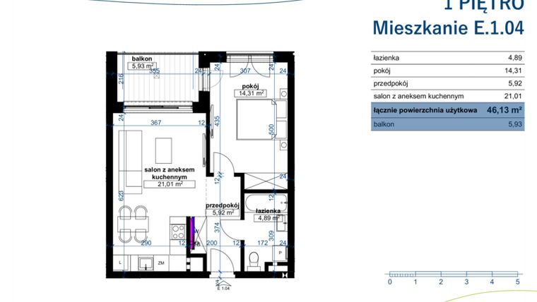 Rzut - Mieszkanie na sprzedaż 2 pokoje o powierzchni 46,13 m² - numer E.1.04 w Wzgórze Poetów 2