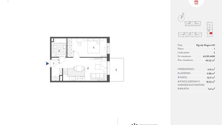 Rzut - Mieszkanie na sprzedaż 2 pokoje o powierzchni 40,54 m² - numer A3.101.M08 w Mieszkaj w mieście - Ogrody Glogera