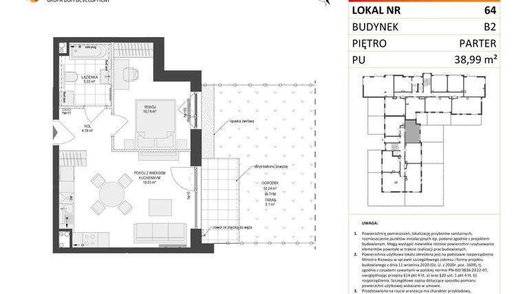 Rzut - Mieszkanie na sprzedaż 2 pokoje o powierzchni 38,99 m² - numer 64 w Locus 2 bud. B2