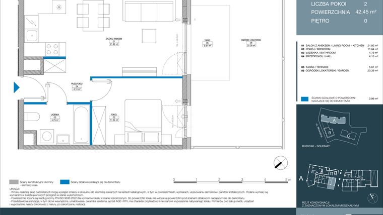 Rzut - Mieszkanie na sprzedaż 2 pokoje o powierzchni 42,45 m² - numer A.1.1.1 w Meri Apartamenty