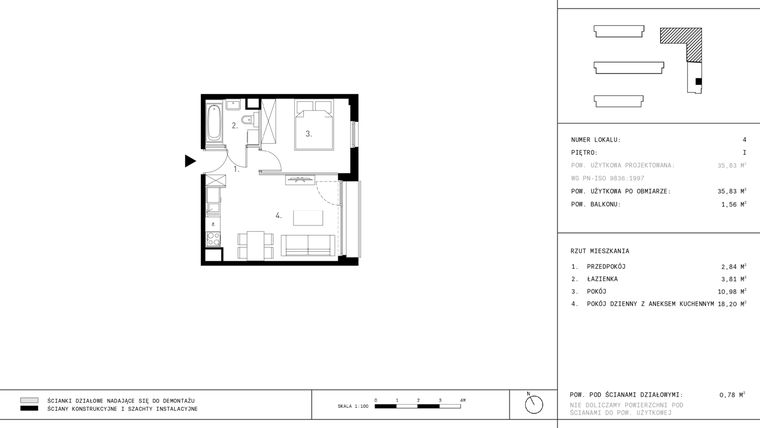 Rzut - Mieszkanie na sprzedaż 2 pokoje o powierzchni 35,83 m² - numer D4.1 w Wynalazek 3A