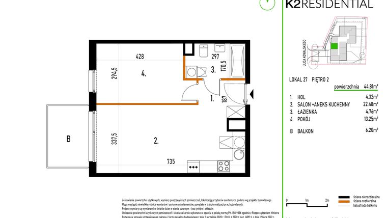 Rzut - Mieszkanie na sprzedaż 2 pokoje o powierzchni 44,81 m² - numer 27 w Kowalskiego 37