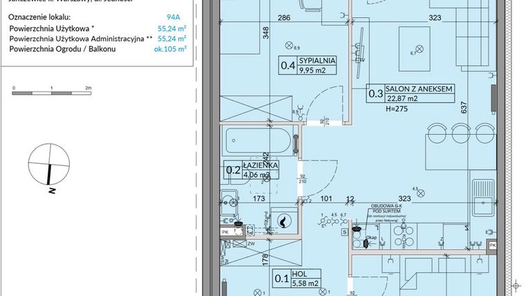 Rzut - Mieszkanie na sprzedaż 3 pokoje o powierzchni 55,24 m² - numer 94A w Osiedle Młodych etap VI