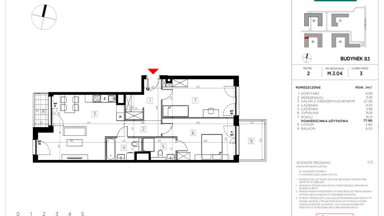 Rzut - Mieszkanie na sprzedaż 3 pokoje o powierzchni 77,9 m² - numer M.3.04 w CityFlow etap II