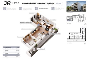 Rzut - Mieszkanie na sprzedaż 3 pokoje o powierzchni 49 m² - numer M13 w JR Nowa