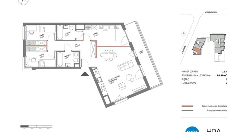Rzut - Mieszkanie na sprzedaż 4 pokoje o powierzchni 86,29 m² - numer L.5.1 w Łopuszańska 47 - etap 4