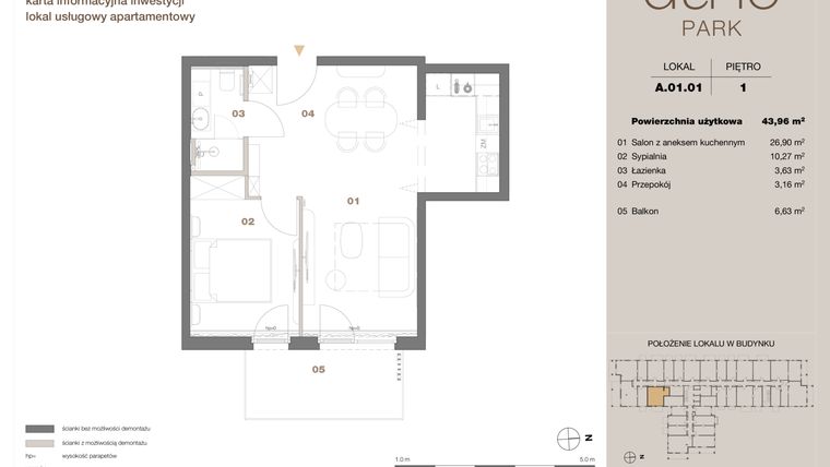 Rzut - Mieszkanie na sprzedaż 2 pokoje o powierzchni 43,96 m² - numer A 01.01 w DUNE Park