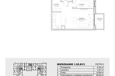 Rzut - Mieszkanie na sprzedaż 2 pokoje o powierzchni 52,85 m² - numer 1.02.B13 w Ogrody Andersa III