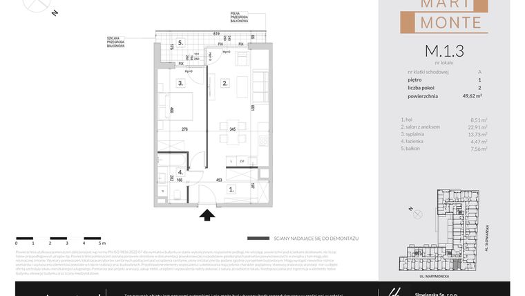 Rzut - Mieszkanie na sprzedaż 2 pokoje o powierzchni 49,62 m² - numer M.1.3 w Marimonte