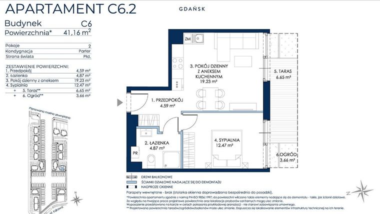 Rzut - Mieszkanie na sprzedaż 2 pokoje o powierzchni 41,37 m² - numer C6.2 w Sol Marina etap III