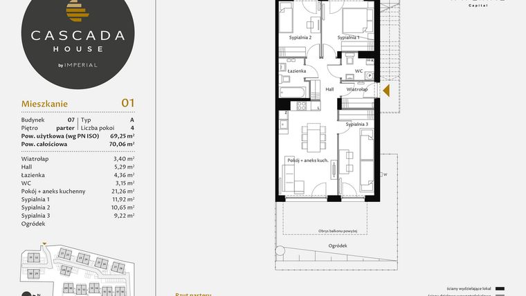 Rzut - Mieszkanie na sprzedaż 4 pokoje o powierzchni 69,49 m² - numer 7.1 w CASCADA House