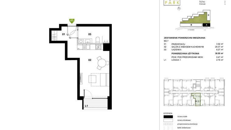 Rzut - Mieszkanie na sprzedaż 1 pokój o powierzchni 31,02 m² - numer A.2.7 w Kozielska Park