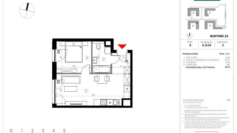 Rzut - Mieszkanie na sprzedaż 2 pokoje o powierzchni 38,31 m² - numer K.9.04 w CityFlow etap II