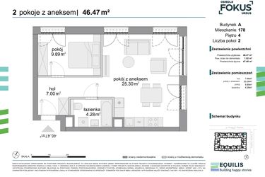 Rzut - Mieszkanie na sprzedaż 2 pokoje o powierzchni 46,47 m² - numer 178 w Osiedle Fokus Ursus
